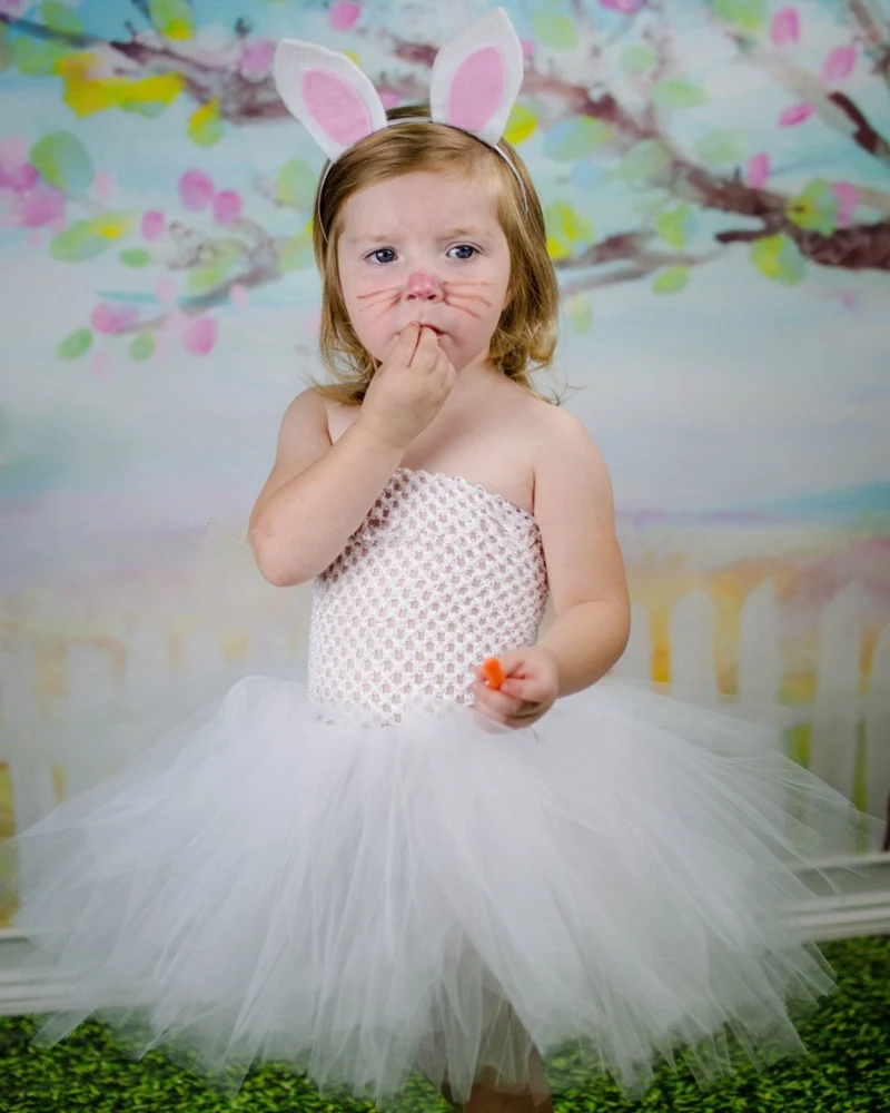 Baby White Rabbit Tutu Dress Girls Crochet Tulle with Pink Ears Hairbow Kids Easter Birthday Party Cartoon Costume Dresses | Детская