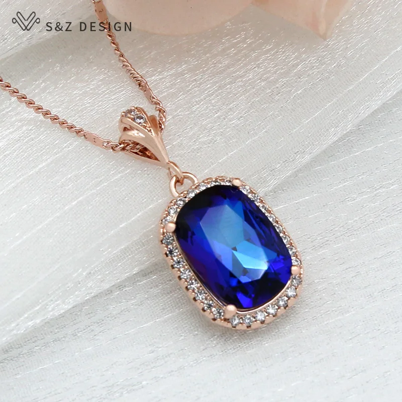 S&Z DESIGN Trendy Cubic Zirconia Square Crystal Pendant Necklace For Women Wedding 585 Rose Gold Color Fashion Jewelry