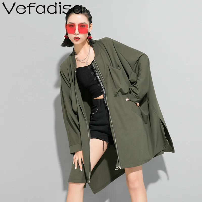 

Vefadisa Solid Oversize Women Coat 2020 Spring O-Neck Zipper Bat Sleeved Coat Irregular Women Coat Loose Black Green QYF2155