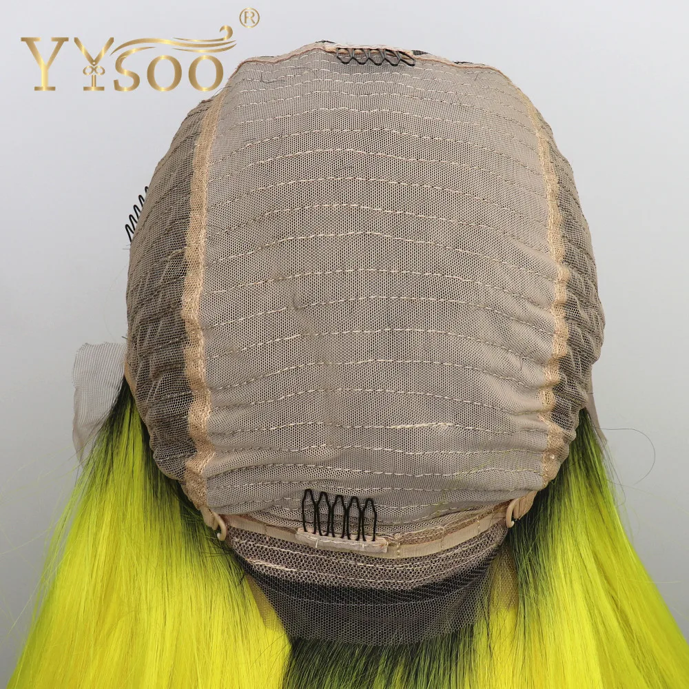 YYsoo длинные шелковые прямые Яркий желтый цвет парик темные корни эффектом деграде(переход от темного к синтетический Синтетические волосы на кружеве парики 13x6 наполовину ручной связанный парик с детскими волосами
