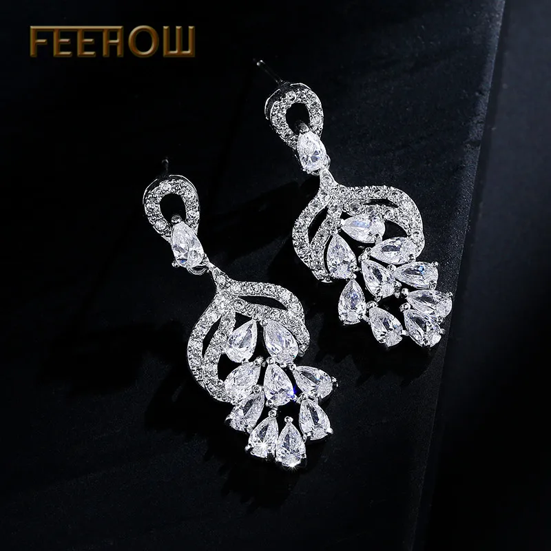 Женские серьги подвески с фианитом FEEHOW белые для свадебной вечеринки и ужина