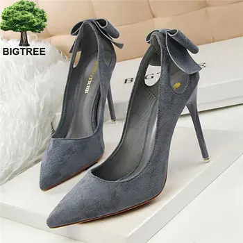 

BIGTREE Size 34-39 Sexy Cut-Outs Sweet Bowtie Women Pumps Concise Solid Flock Pointed Toe Shallow High Heels Shoes for Women