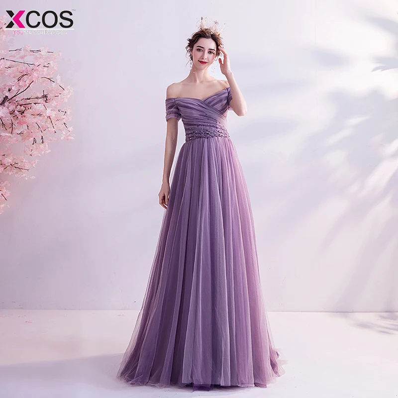 as the picture Robe De Soiree бисерные фиолетовые Вечерние платья Длинные без бретелек А-силуэта с открытыми плечами Вечерние платья женские элегантные платья - Цвет: as the picture