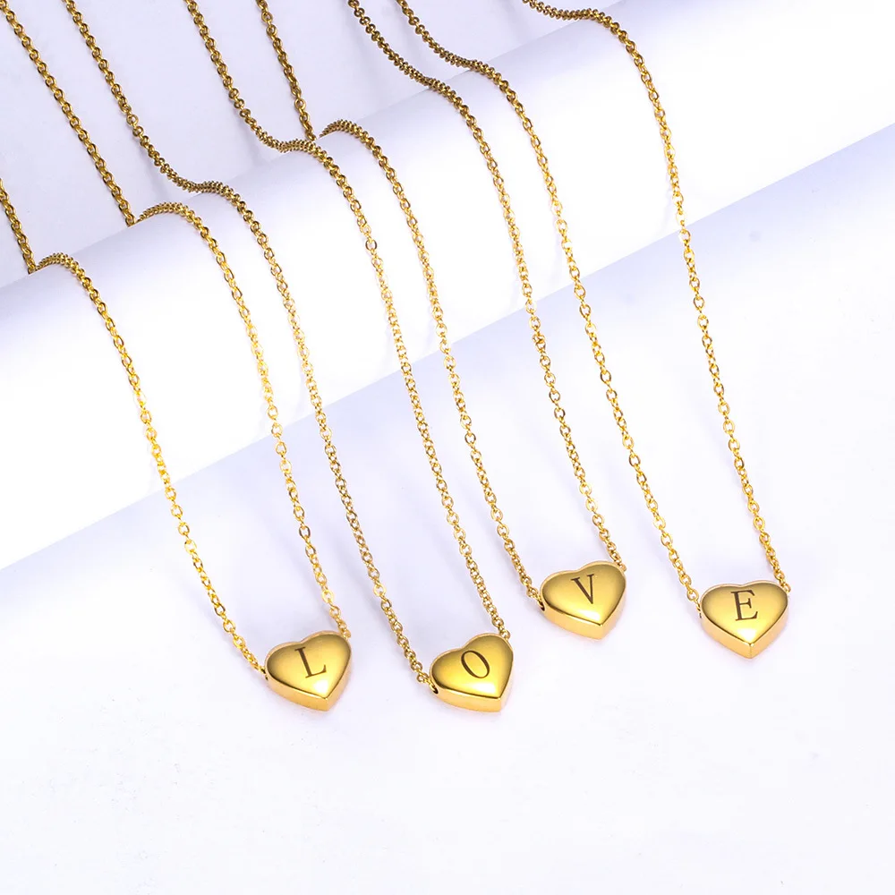 Charms Tiny Titanium Steel Heart Golden Color Initial Necklace Letter Choker Initials Name Necklaces Pendant for Women Girl Gift