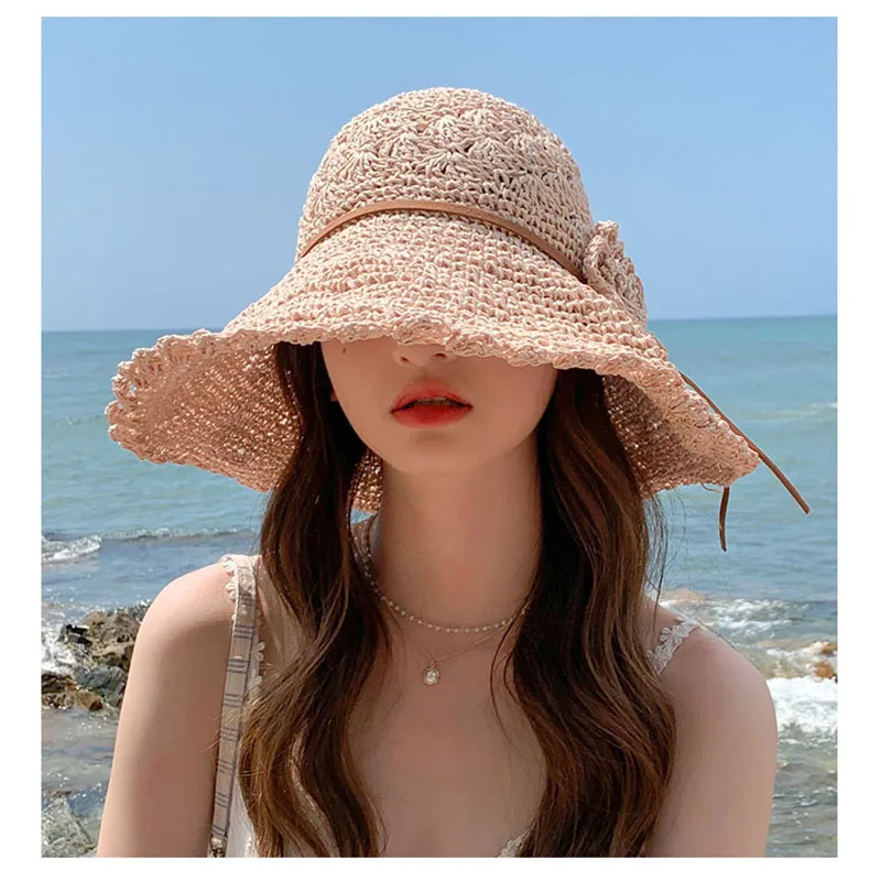 2021 di MODO di Estate delle Nuove Donne di Sun Benna berretto di pizzo beige Bowknot Fiori Nastro Piatto top Panama morbido Cappello di Paglia spiaggia_voghion.com