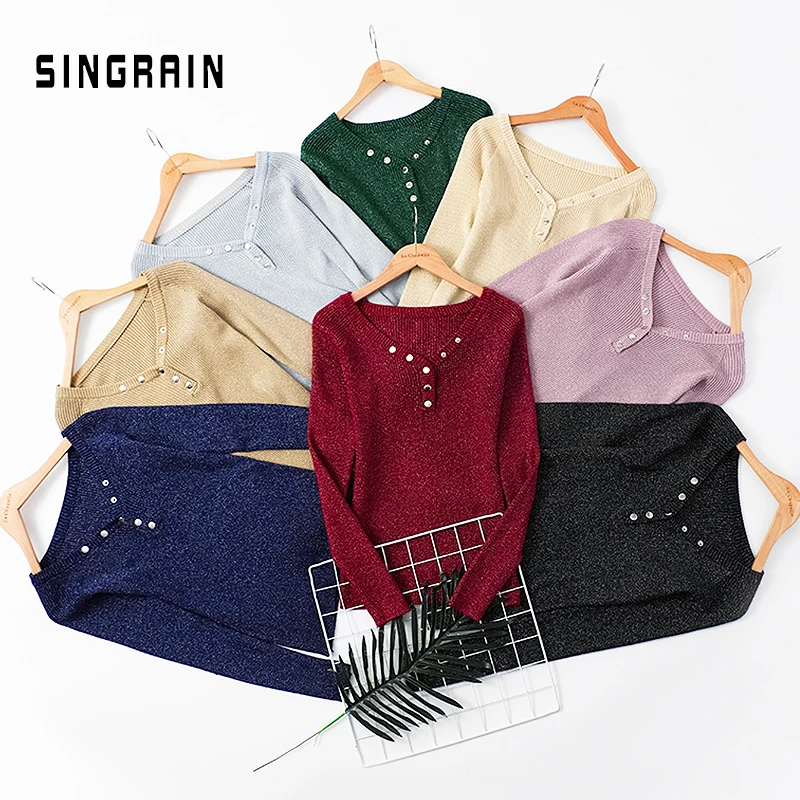 

SINGRAIN Women Lurex Sweater Korean Basic Knitwear Autumn Shiny Knitting Tops Elastic V Neck Winter Glitter Knitting Pullovers