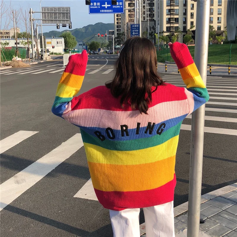 

2019 Autumn Harajuku Cardigan Women Striped Rainbow Sweater Coat Female Loose Sweaters Letter Embroidery Jumper Cardigans