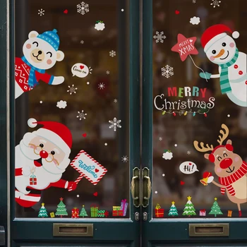 

[shijuekongjian] Father Christmas Snowman Tree Window Stickers DIY New Year Wall Decals for Living Room Shop Glass Decoration