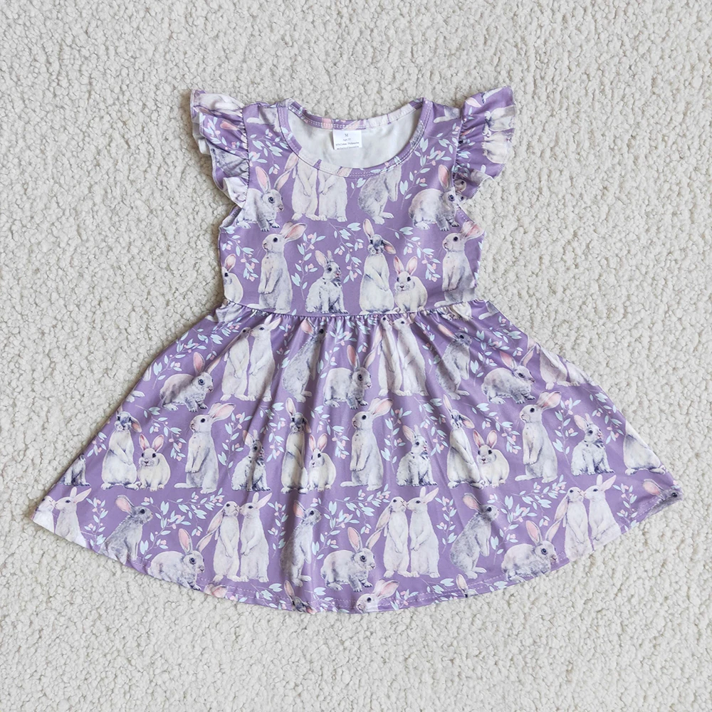 Nuovo Arrivo Neonati Di Alta Qualità Manica Corta Svolazzante Frock Neonate Simpatici Conigli E Fiori Modello Twirl Dress Per Pasqua