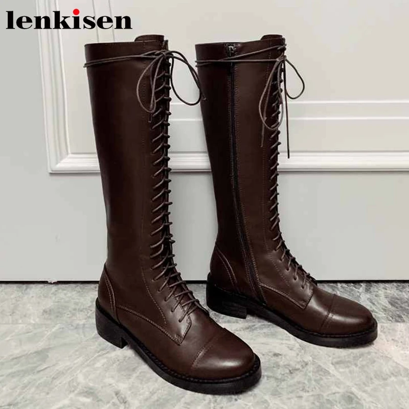 

Lenkisen 2019 cow leather med heels round toe leisure fashion black colors keep warm women Birtish school knee-high boots L26