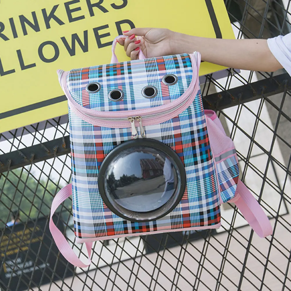 Plaid Pattern Transparent Window Design Cover Breathable Pet Travel Storage Bag Cats Dog Carrier FP8