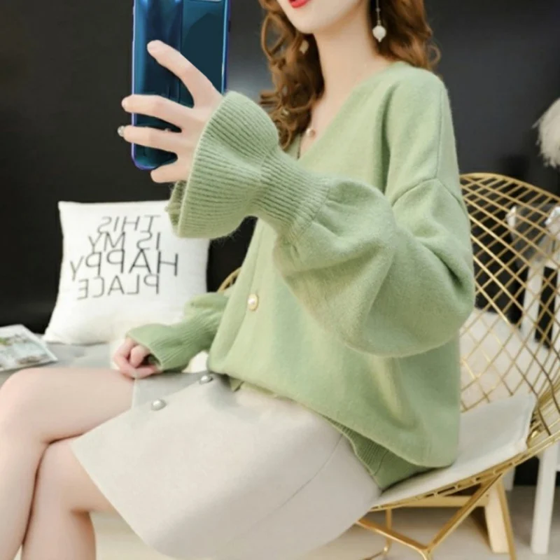 Korean Style Spring Autumn Sweet Loose Lazy Wind Button Knit Cardigan Pocket Jumper Sweater Long Lantern Sleeve Coat Women