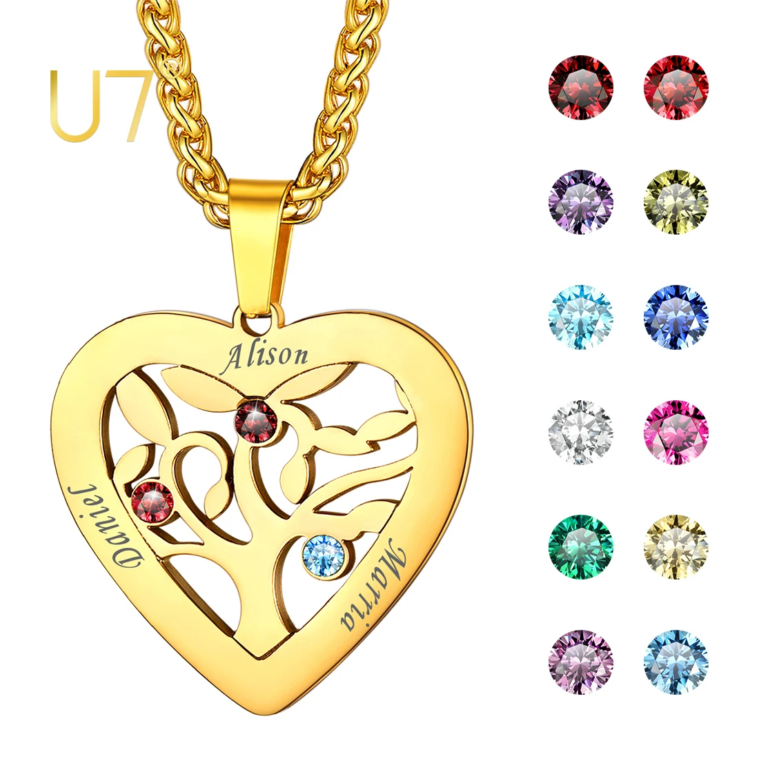 U7 Heart Pendant Necklace Personalized Engraved Stainless Steel Jewelry Friend Family Names Birthstone Gift for Women Girls e0bf 1 2pcs couple necklace bracelet relationship matching taichi fish bracelet for women teen best friend family jewelry