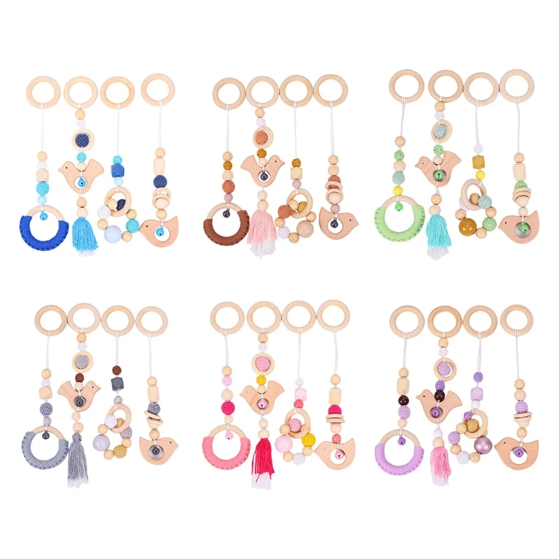 Baby Toys 4 Pcs/Set Baby Gym Frame Stroller Hanging Pendants Wooden Ring Teether Molar Teething Nursing Rattle Toys Gifts Infant Room Deco