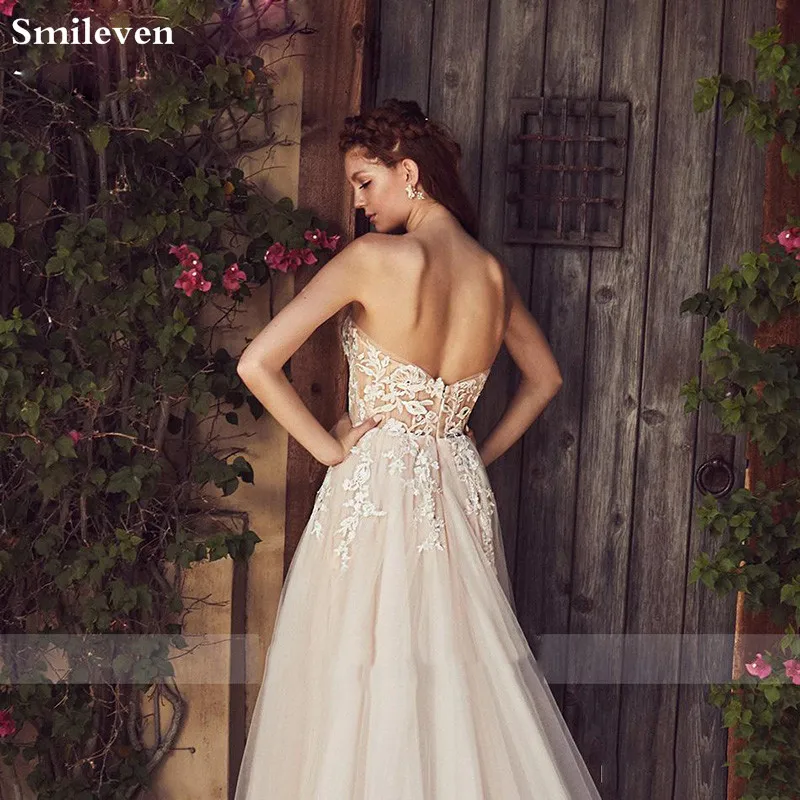 Smileven ТРАПЕЦИЕВИДНОЕ свадебное платье цвета шампанского, бохо,, милое кружевное свадебное платье с вырезом, Robe de soriee, турецкие свадебные платья