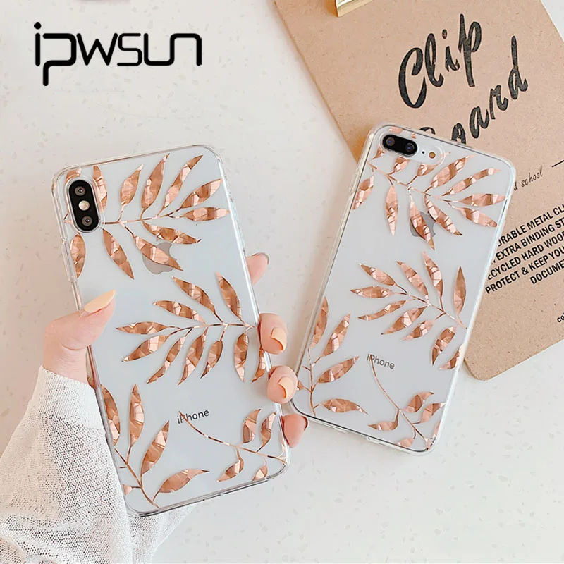 

iPWSOO Rose Gold Plating Transparent Case For iPhone XR X XS Max 8 7 Plus Shining Leaves Plant Tree Phone Case Clear Back Cover