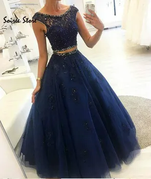 

Elegant Navy Blue Prom Dresses Two Pieces Appliques Beadedd Evening Dress Vintage Tulle Formal Graduation Dresses Evening Wear