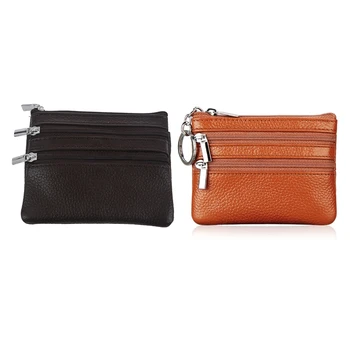 

NEW-2Pcs Leather Change Coin Purse with 4 Pockets and Keychain for Women Coffee & Brown