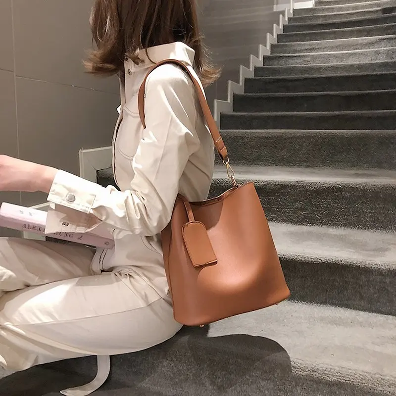 2pieceset Fashion Designer Pu Leather Womens Handbags Good Casual Ladies Tote Female Black Bucket Women Shoulder Crossbody Bag