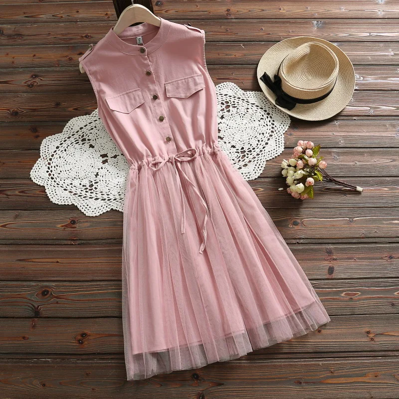 

Japanese-style Mori Girl Line Summer Wear Hipster Mock Two-Piece Cotton Linen Spell Gauze Lace-up Sleeveless WOMEN'S Dress Fashi