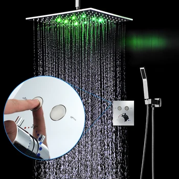 

Modern Bathroom Rain Shower Head 16 Inch LED Shower Set Thermostatic 2 Functions Diverter Valve Button