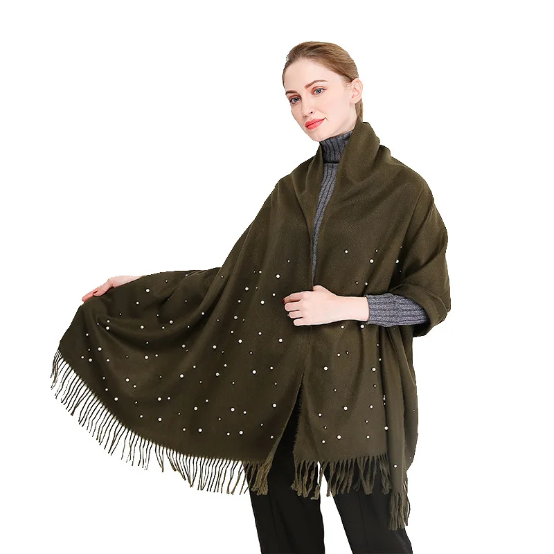 VISROVER женский зимний шарф с жемчугом Модные женские шали однотонные кашемировые шарфы зимняя накидка хиджаб - Цвет: 3