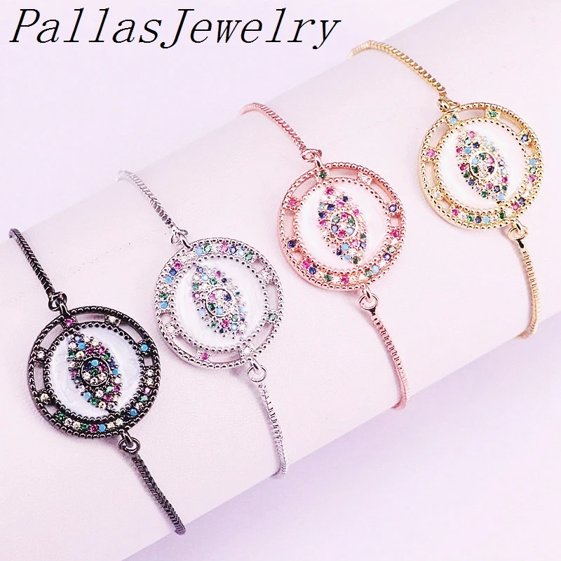 10 шт глаз круглой формы эмаль разъем, микро паве Радуга CZ браслет, смешанные цвета глаз браслет модные ювелирные изделия