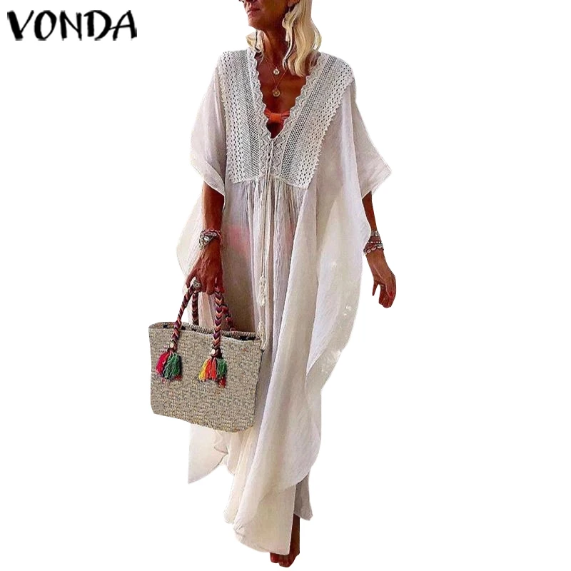 VONDA женское сексуальное вечернее платье с длинным рукавом, женское платье макси для ночного клуба, летние платья с глубоким v-образным вырезом, прозрачный сарафан 5XL - Color: White