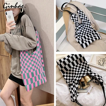 

2020 Fashion Plaid Shopping Bags Luxury Designer Simple Wool Sweater Lady Shoulder Bag Lovely Student Handbag Female Travel Bag