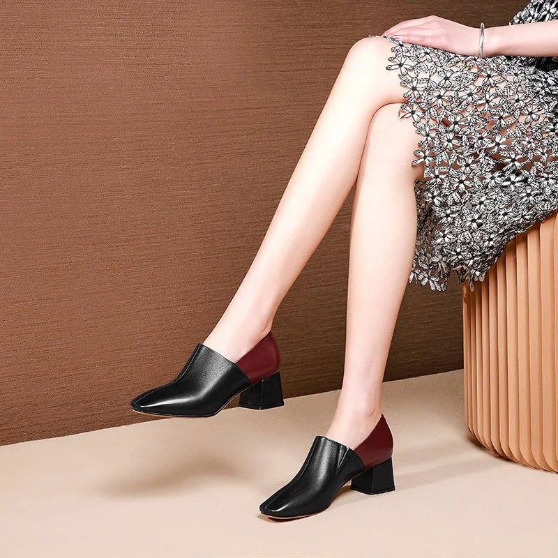 

2019 Early Spring New Style Square Head Thick with High Heels Europe And America Versatile Shoes Mixed Colors Full-grain Leather