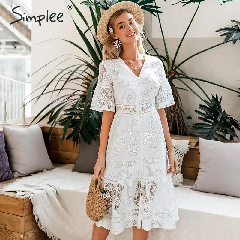 

Simplee Hollow out lace dress Women v neck high waist ruffled summer white dress Lady spring chic slim fit party dress vestidos