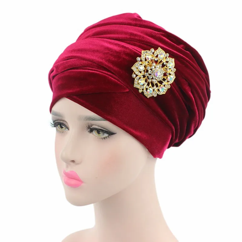 

New Women Pleated Luxury Velvet Turban Hijab Extra Long Head Wrap Hat Indian Jewelry Brooch Head Scarf Ladies Hair Accessories
