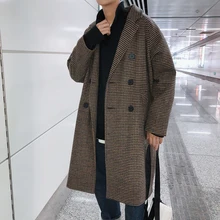 Мужское пальто осень и зима Новое тонкое и длинное клетчатое пальто с принтом свободная и Повседневная индивидуальная одежда для молодых мужчин