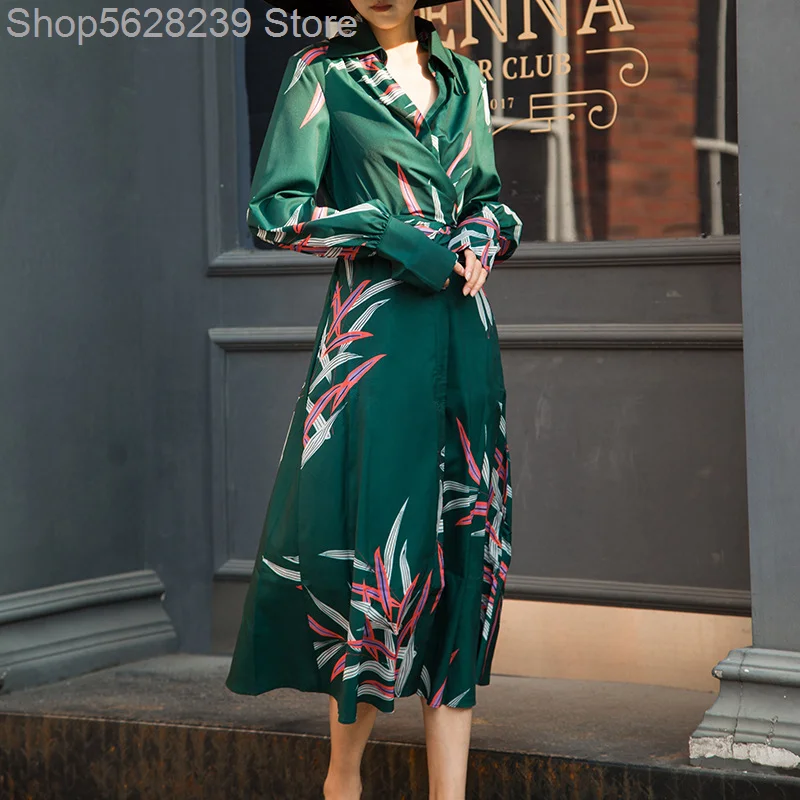 

2020 Temperament Dark Green Printing Wrap Skirt Yes Collar Long Sleeve Slim Fit High Waist Chiffon Dress