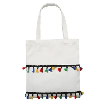

Canvas single shoulder bag fringe women shopping bag fashionable environmental protection portable color contrast with zipper