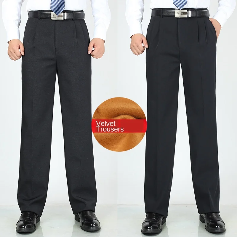 

ICPANS Straight Loose Double Pleated Fleece Winter Dress Pants Office Business Formal Trousers for Men Suit pants Big size