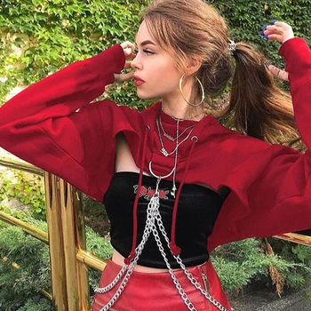 

Female Hoodies Long sleeveSweatshirts Women Gothic Metal Chain Hip Hop Moletom Crop Sweatshirt Punk Sexy Punk Style Plus Size