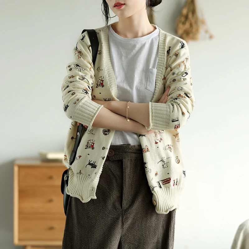 

Johnature 2019 New Autumn Sweater Vintage Women Clothes V-neck Cardigans Print Single Breasted Button Loose Women Sweater
