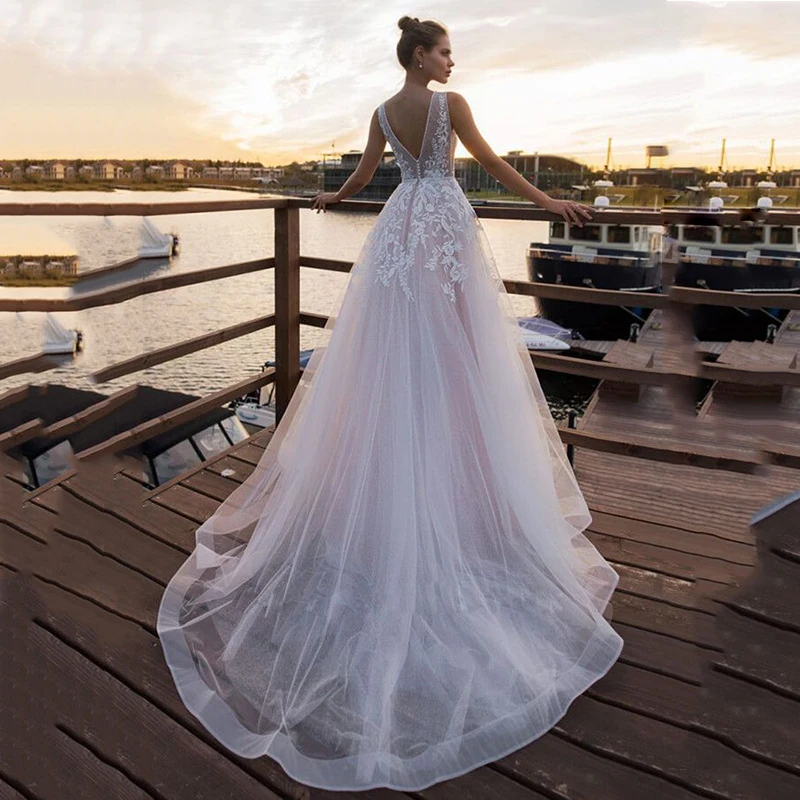 Кружевное свадебное платье с v-образным вырезом vestido de Novia Princesa Illusion Back Applique A Line свадебное платье vestido de casamento