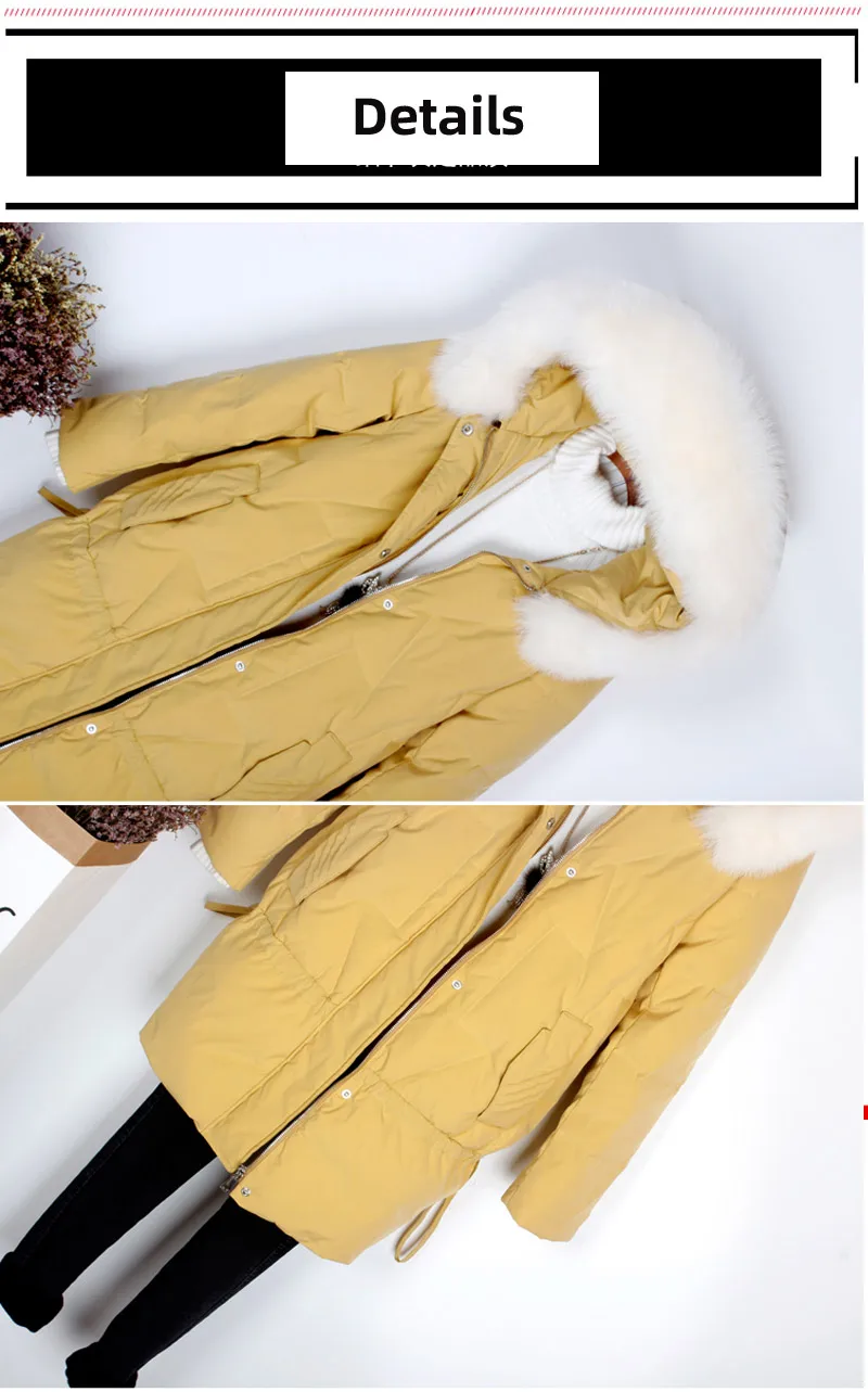 S-Xl Новое зимнее длинное плотное теплое пуховое пальто с натуральным лисьим мехом Женская модная Свободная белая пуховая куртка ветрозащитная верхняя одежда