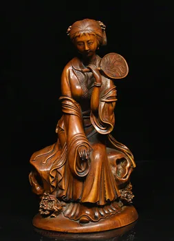 

wedding decoration 7" Chinses Folk collect boxwood wood carve beautiful woman hold fan belle statue
