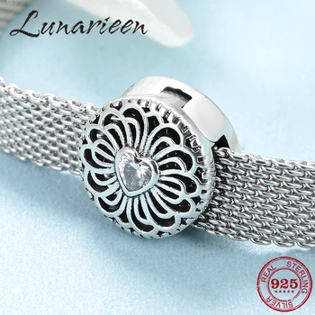 

925 Sterling Silver Round shape Dazzling heart CZ Elegance Clip Charm hollow Bead Fit Original reflection Charm Bracelet