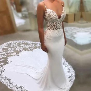 

Beaded Spaghetti Straps Mermaid Wedding Dress 2020 Satin Appliques Bridal Gowns Custom Made Backless Lace Beach Robe De Marriag