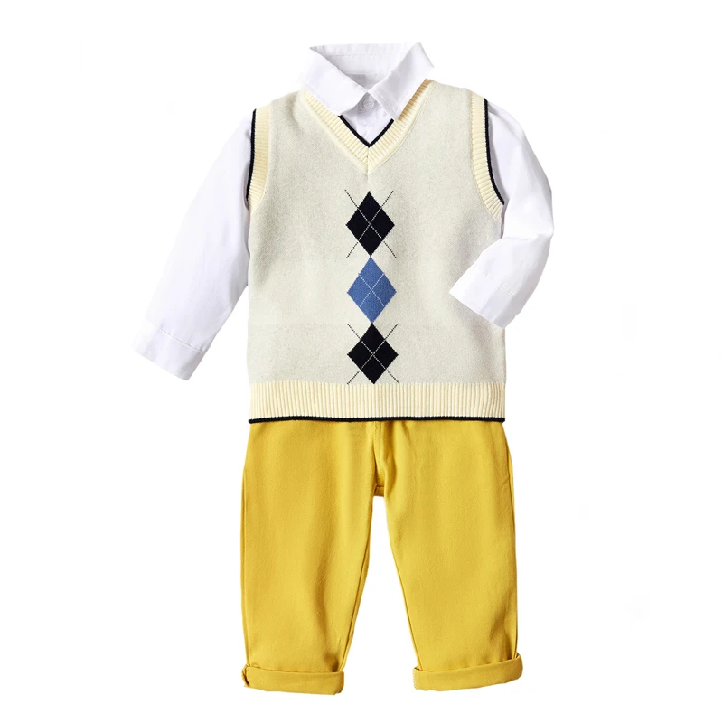 

1-5 Years Kids Clothing Suits Diamond Geometric Pattern Wool Vest Shirt Pants Cotton Baby Casual Home Service Boy Dress Clothes