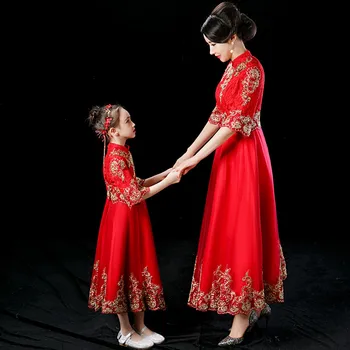 

Embroidery A-Line Vestido De Fiesta For Parent Child DB120 Red Robe De Soiree High Collar Half Sleeve Mom Daughter Evening Dress