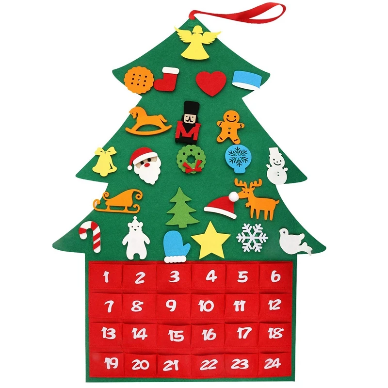 Войлок Рождественская елка, DIY рождественская елка ткань Адвент календарь с карманами и орнаментами для детей, рождественские подарки, год дверь ва