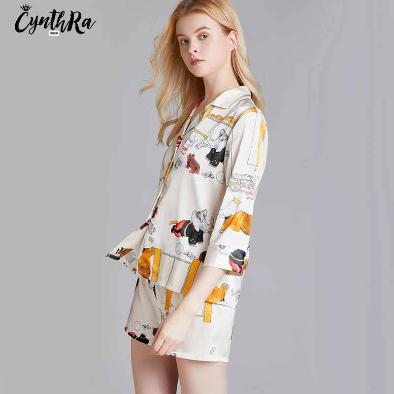 CYNTHRA 2 Piece Sleepwear 2020 New Summer Women Homewear Faux Silk France Style Pajamas Set half sleeve Pajamas Suit  Sleepwear