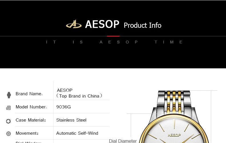 Aesop ultra fino 8.5mm simples relógio automático