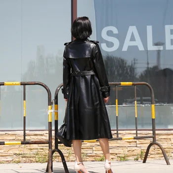 

2020 Women Sheepskin Spring Long Coat Black High Waist Belt Office Ladies Plus Szie Wild Fit Genuine Leather Trench Coats Women