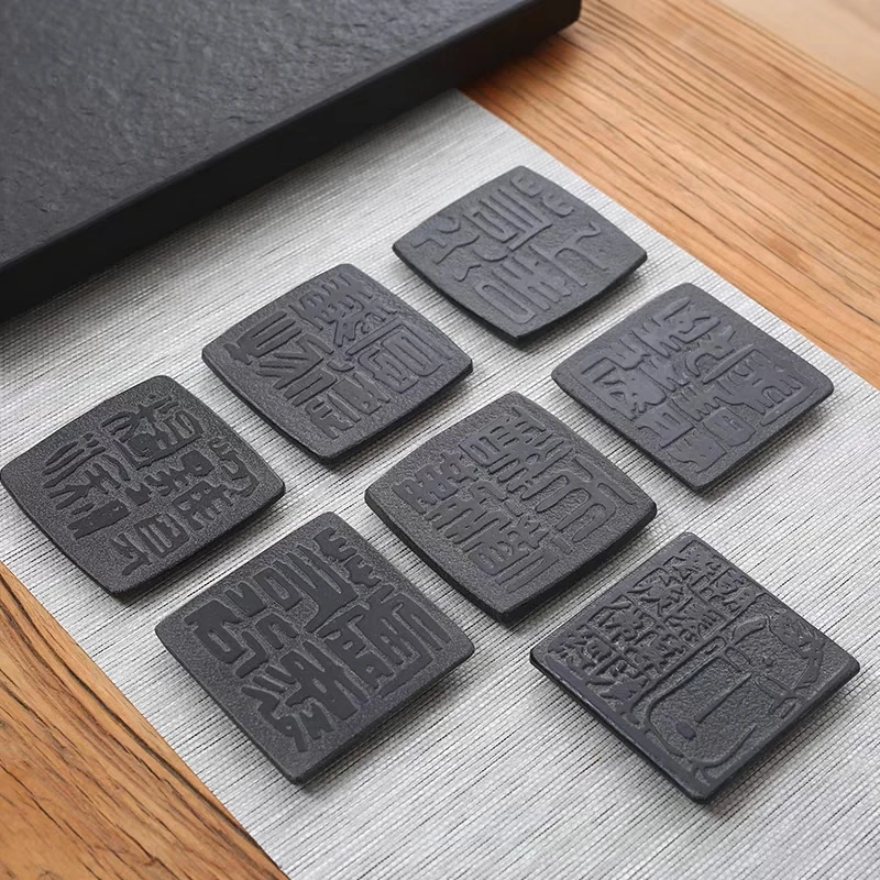 Teeuntersetzer aus schwarzem Basalt, handgefertigt, elegant, orientalisch, Zen, 8×8 cm, Kung-Fu-Tee-Set, Heim- und Bürodekoration, Festivalgeschenk – Detail 9